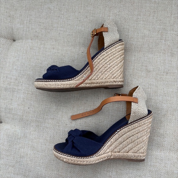 Tory Burch Macy Linen Twist Knit Ankle Strap Braided Espadrille Wedges Heels - Picture 4 of 7
